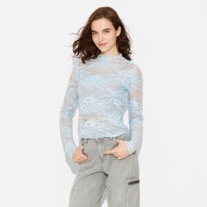 Women's Long Sleeve Light Blue Lace Sequin Top